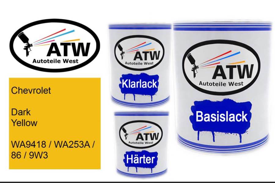 Chevrolet, Dark Yellow, WA9418 / WA253A / 86 / 9W3: 1L Lackdose + 1L Klarlack + 500ml Härter - Set, von ATW Autoteile West.
